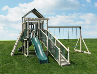 White and green vinyl swing set in a field