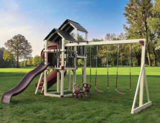 Tan and red vinyl swing set with three swings and two slides