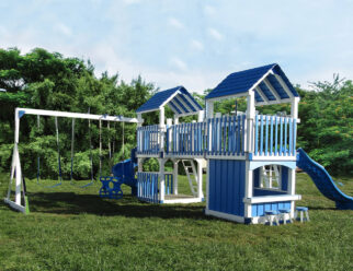 White and blue vinyl swing set with two towers and multiple swings
