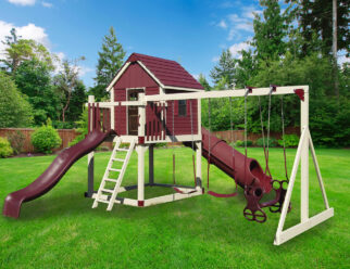 Tan and red vinyl swing set with multiple swings and a slide