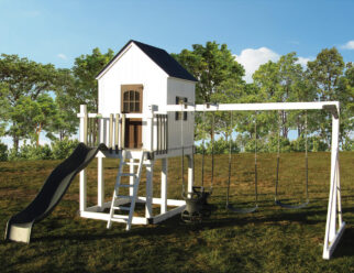 White and black vinyl swing set in the grass