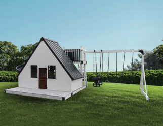 Black and white vinyl swing set with a triangular playhouse