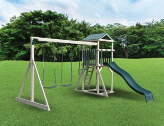 White vinyl swing set with two swings and a green slide