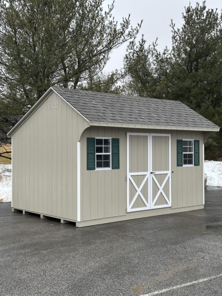 In stock Quaker shed with green shutters