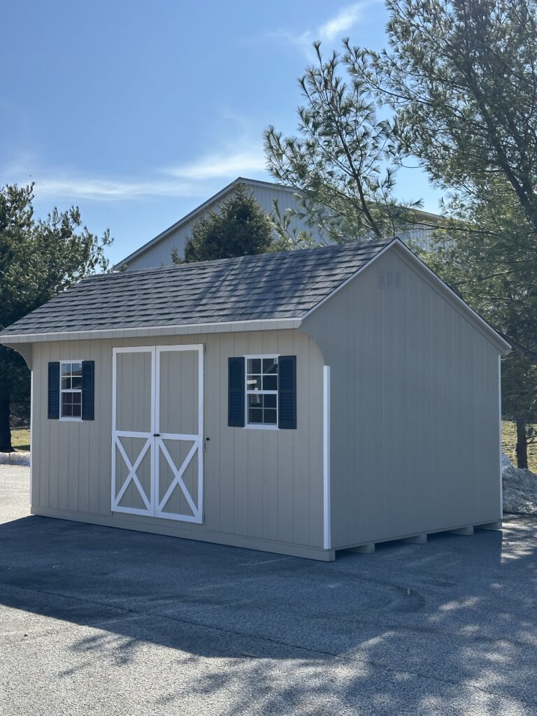 tan 10x15 in stock quaker shed