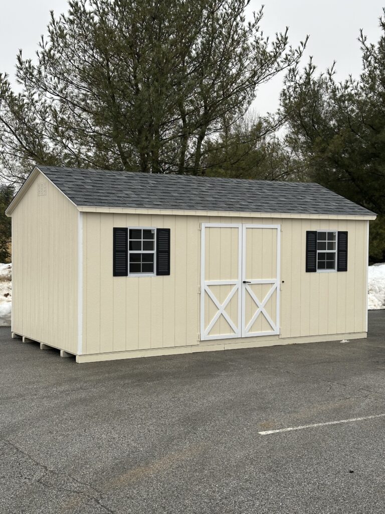 In stock A-Frame light-colored storage shed with windows