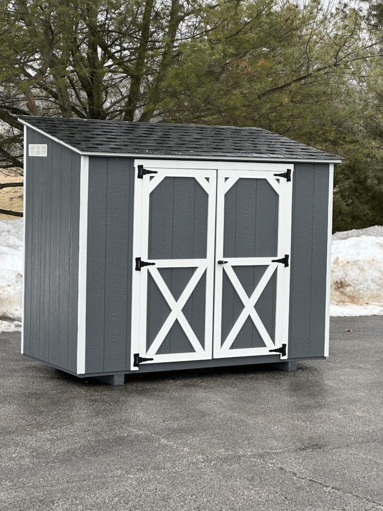 4x8 in stock lean to shed in grey with white trim