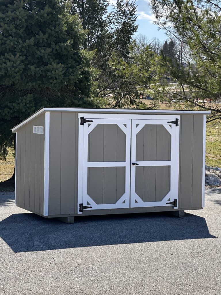 tan and white 4x8 in stock townhouse shed