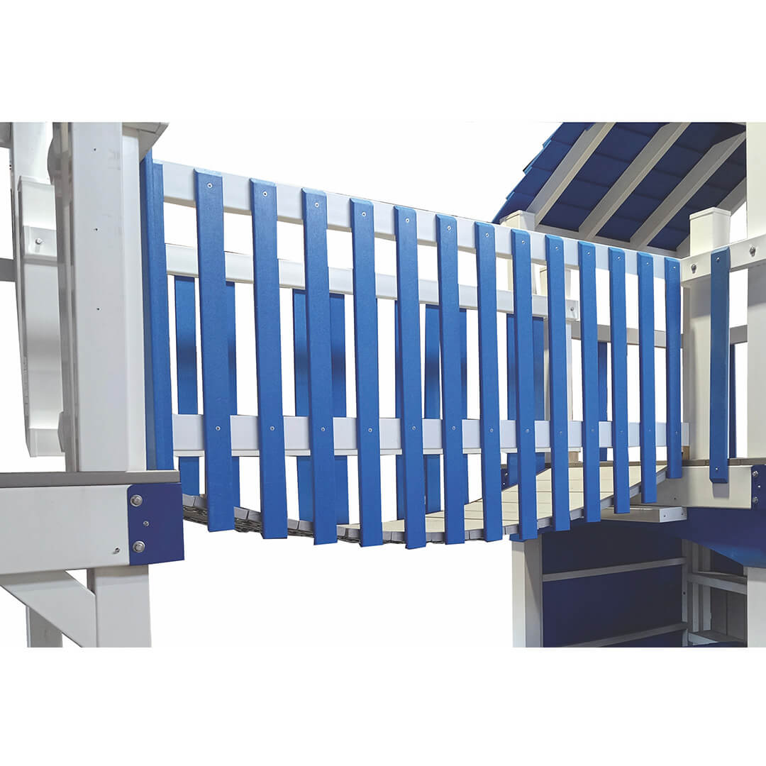 Wobbly white bridge with blue slats