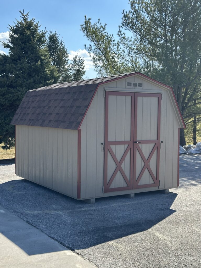 tan 8x10 in stock mini barn shed