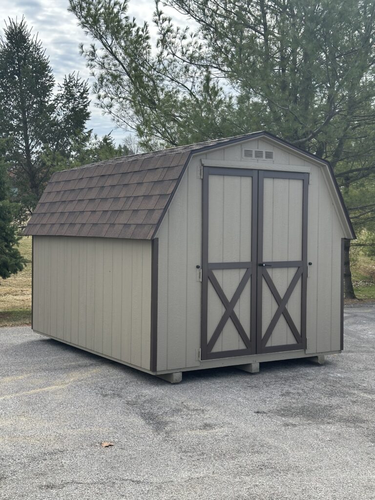 tan 8x10 in stock mini barn shed