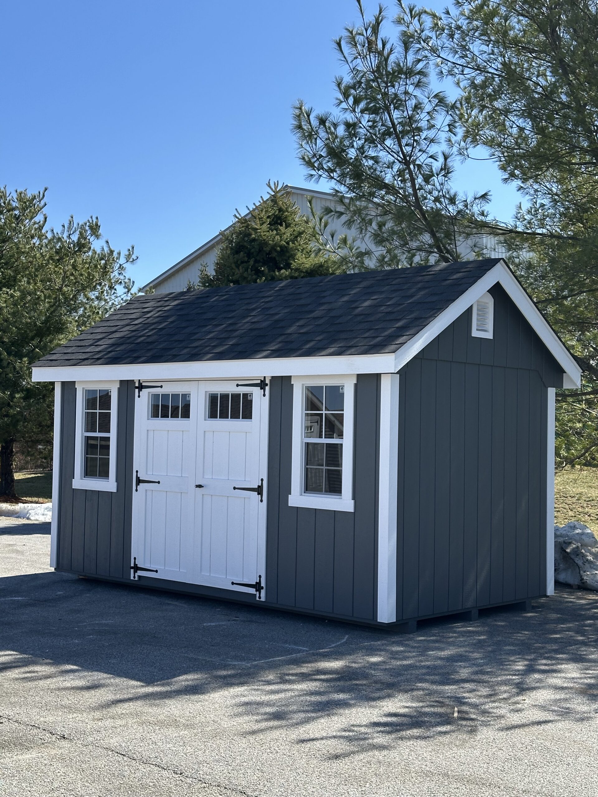 dark colored 8x14 in stock a-frame elite shed