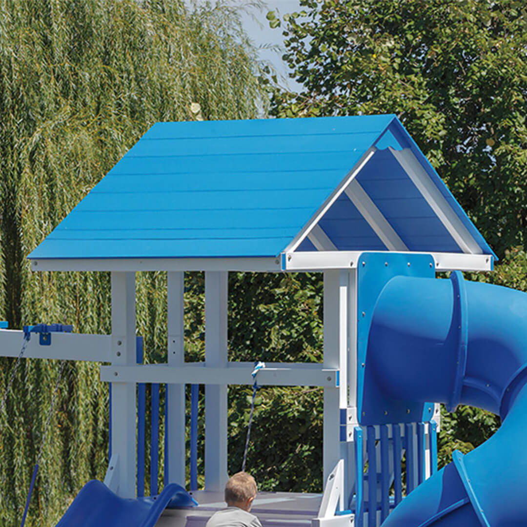 Blue poly plastic roof on a white swing set