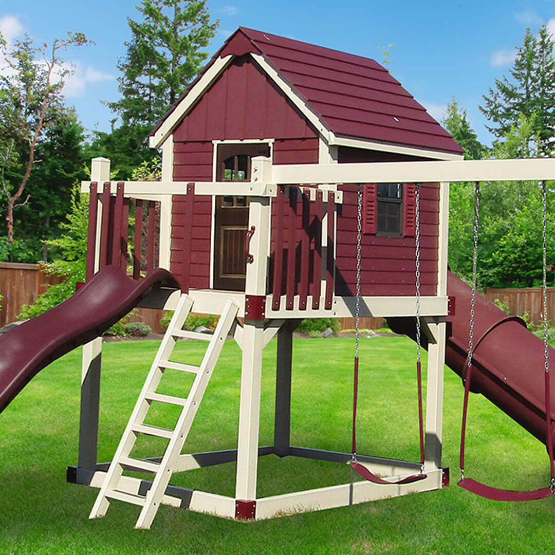 Playground structure with slides and swings