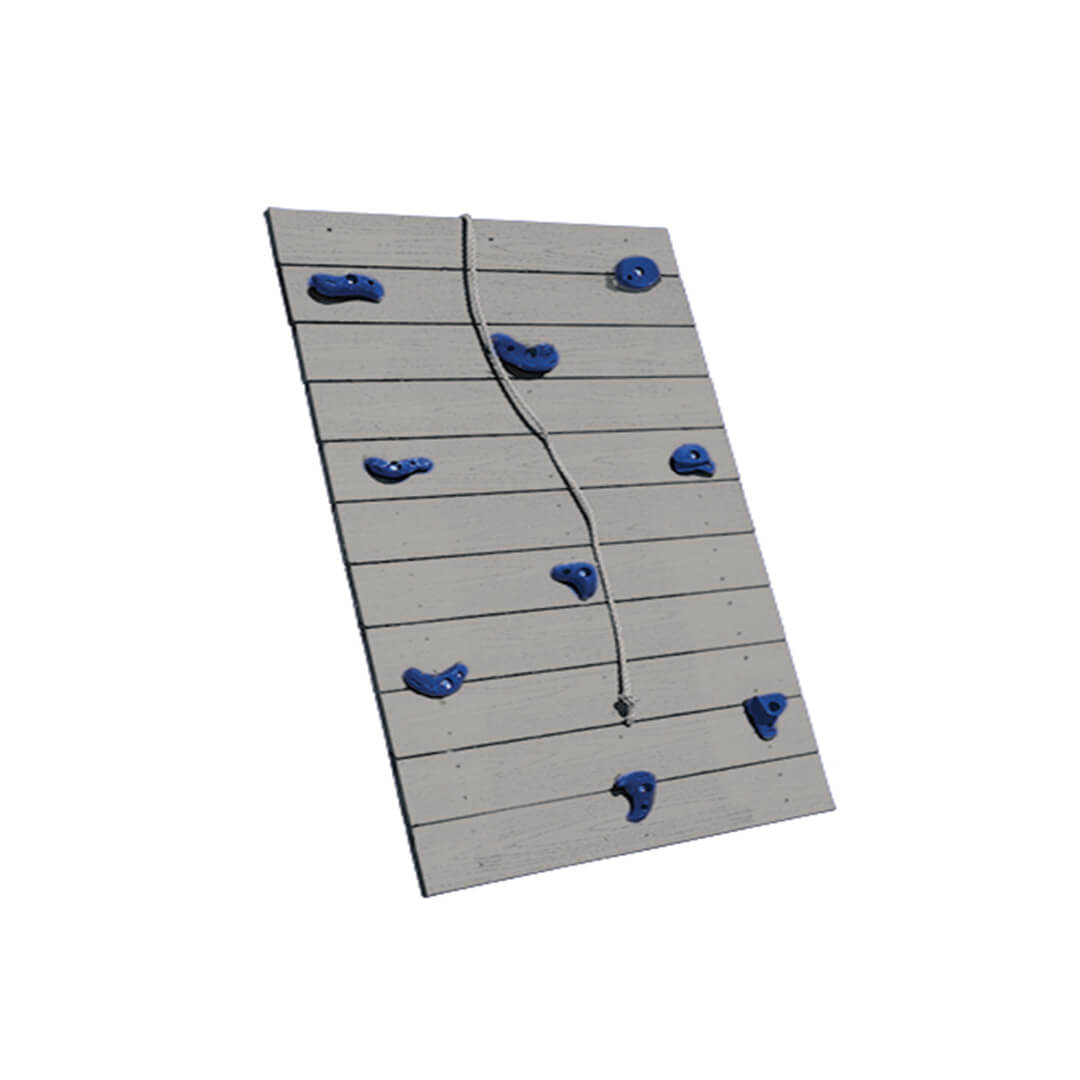 Gray rock climbing wall with blue steps