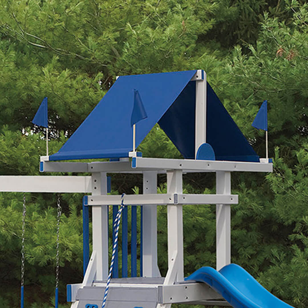 Blue tarp roof on a white swing set