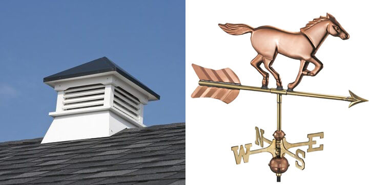 Vinyl shed cupola and copper weathervane with a horse